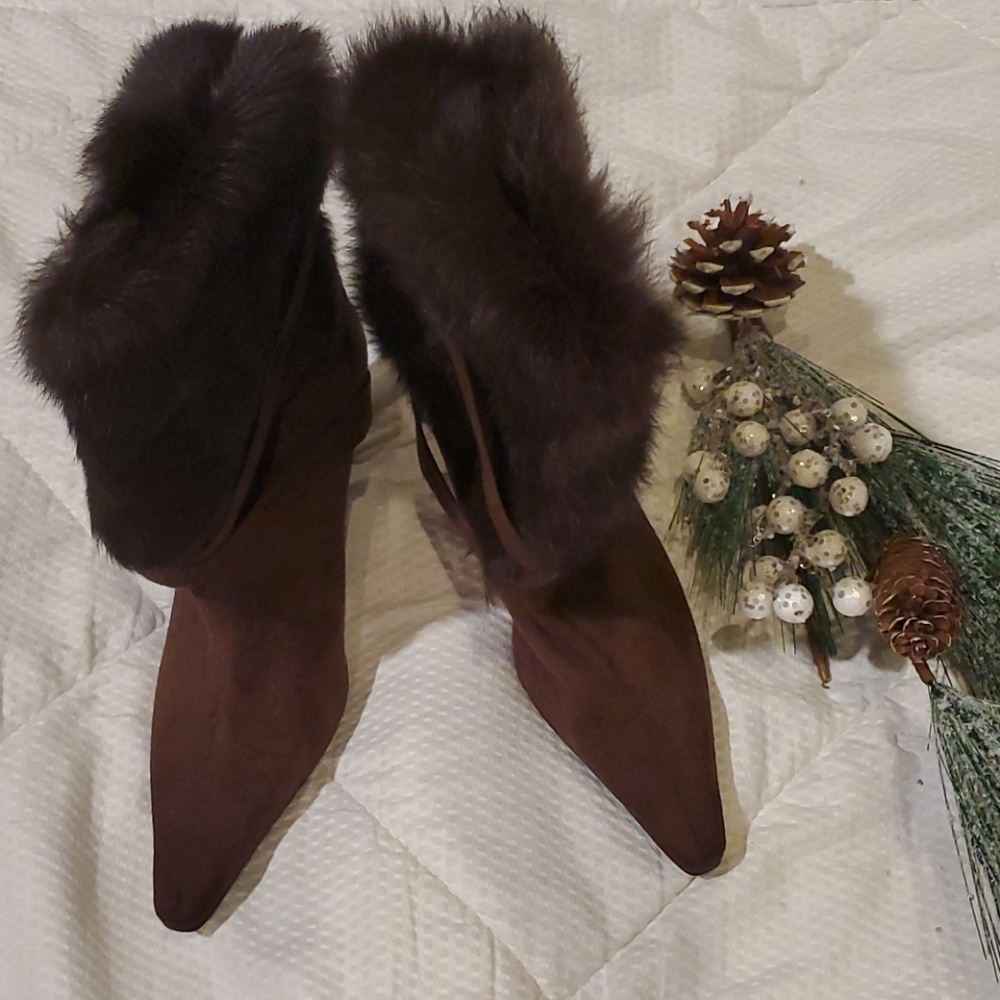 ❤ Womens 90s brown suede and fur boots